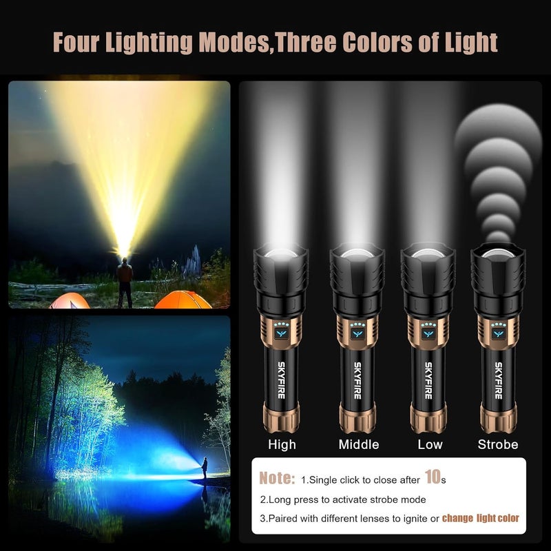 SkyFire LED Flashlights High Lumens with Ignition Lens&Color-Changing Yellow/Blue Lenses,2000lm Super Bright Rechargeable,Zoomable,4 Modes,Waterproof Tactical Light for Camping,Outdoor,Home&Gifts - Image 4
